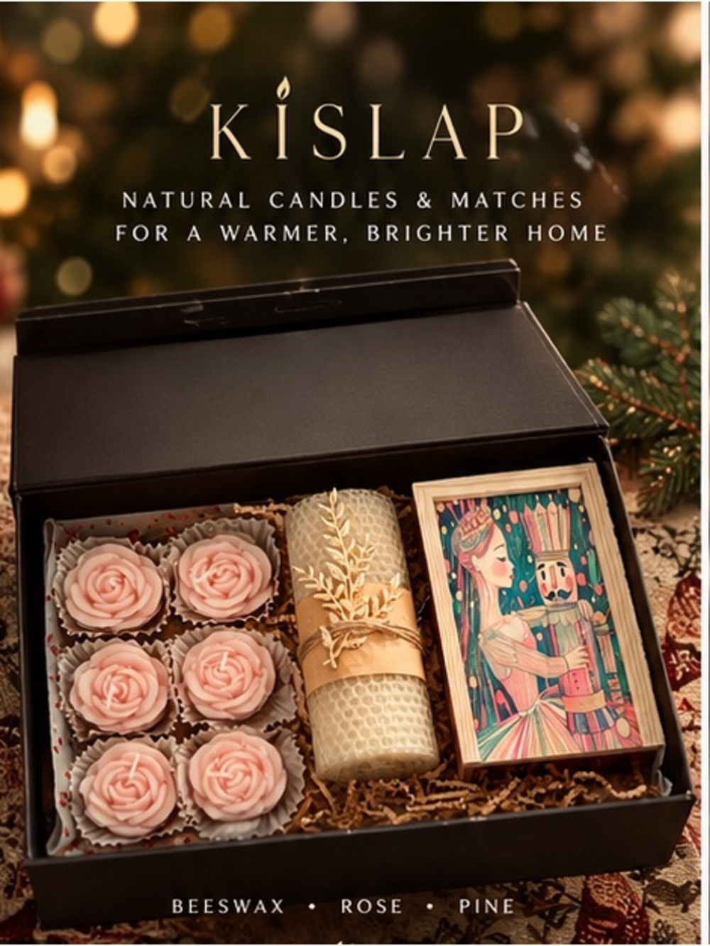 Beeswax and floating rose candles with pine Nutcracker Matchbox Holiday Gift Set